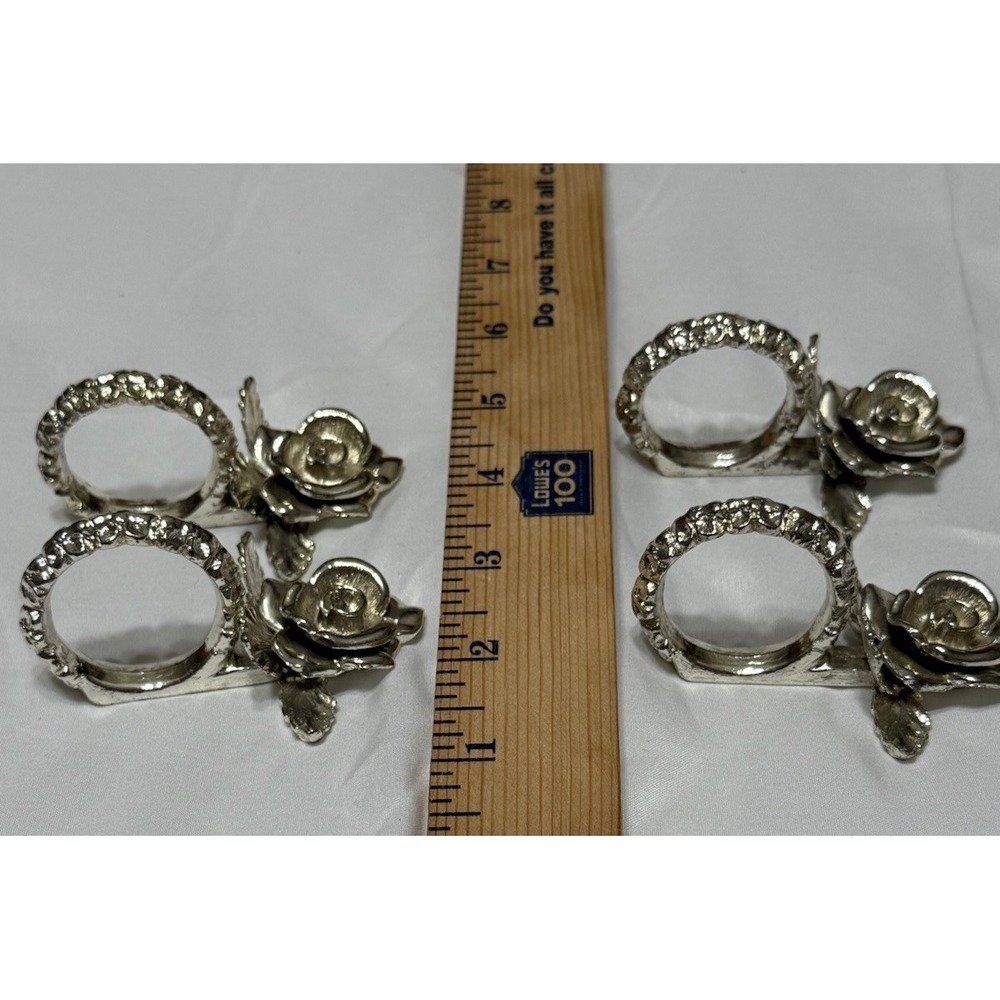 Metal Rose Flower Heavy Napkin Rings Lot of 4 Vintage - Picture 5 of 5